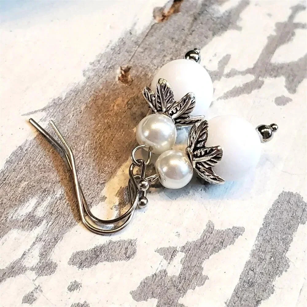 Handcrafted White Jade Gemstone White Faux Pearl Silver Dangle Earrings